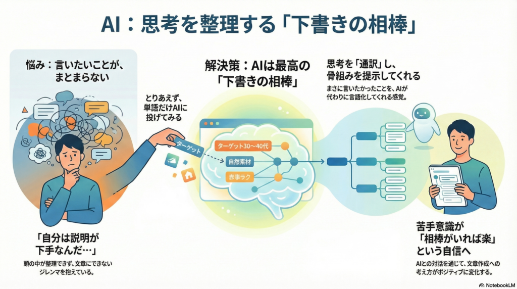 AIを思考を整理する「下書きの相棒」にしたことを表してる絵