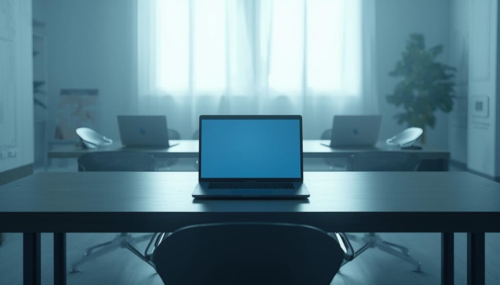 パソコンが静かにたたずむ部屋の画像