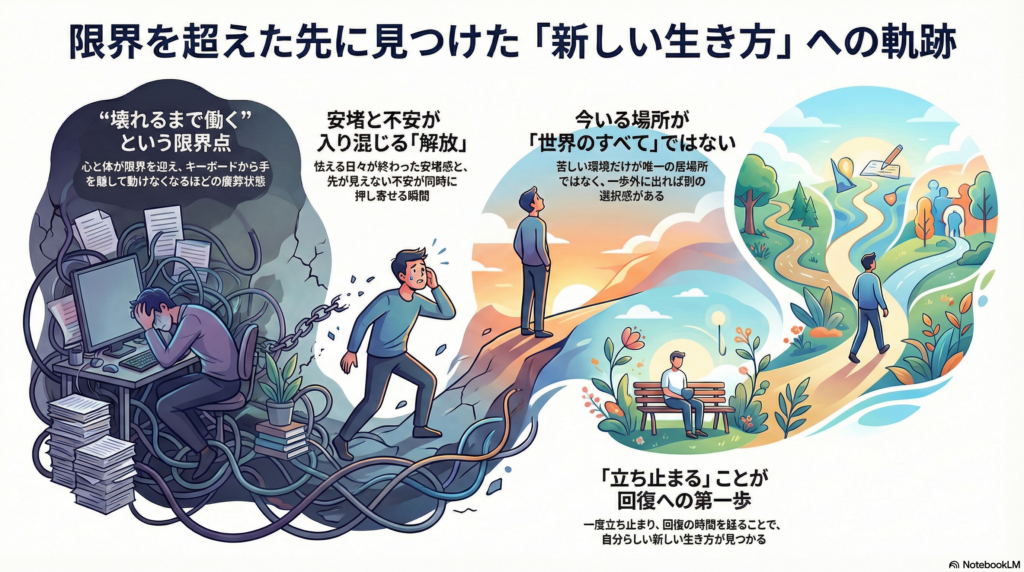 限界を超えた先に見つけた「新しい生き方」への軌跡を表現したイラスト