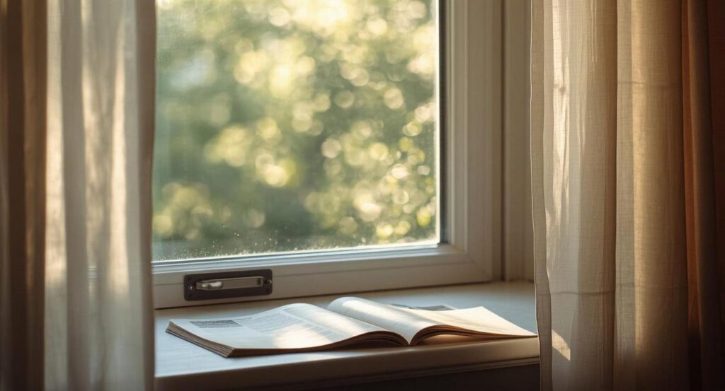 窓辺に置かれた本の画像