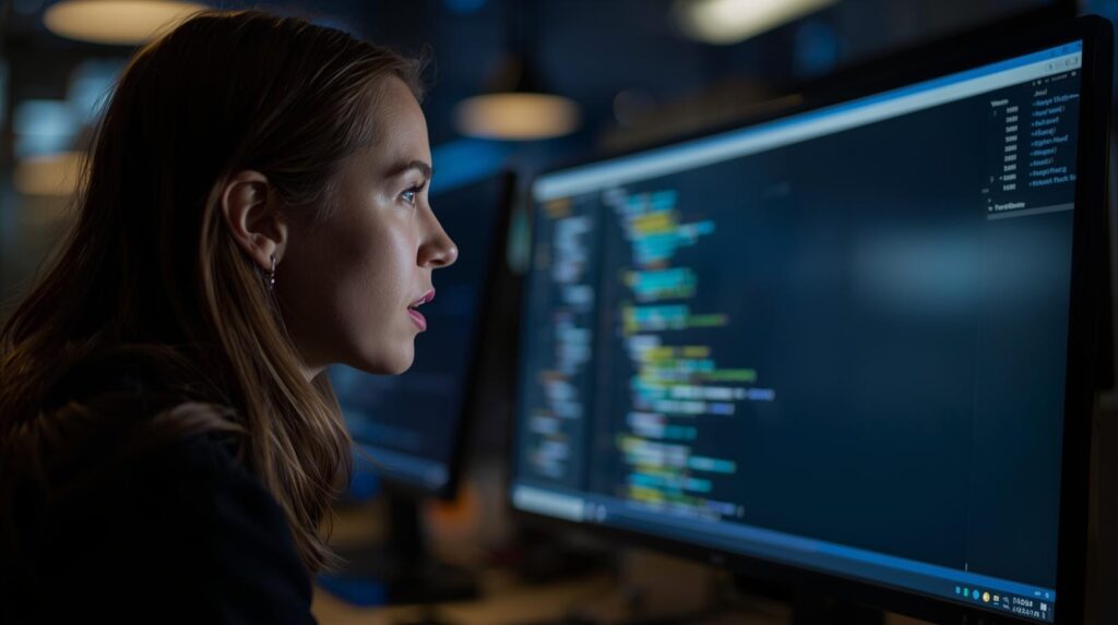 パソコンの前で必死に働く女性の画像